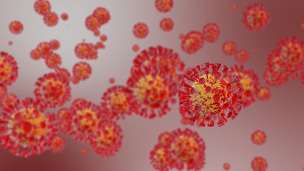 Fototapeta na wymiar The realistic red virus model and blood cell Coronavirus, COVID-19 medical animation. Coronaviruses influenza as dangerous flu strain cases as a pandemic. Microscope virus close up. 3d rendering.