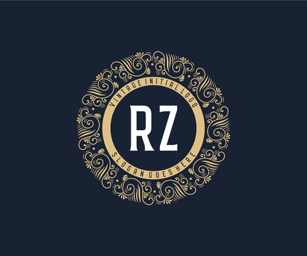 Initial RZ Antique retro luxury victorian calligraphic emblem logo with ornamental frame.