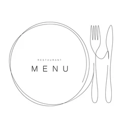 Poster Menu restaurant background with plate and fork and knife, vector illustration © Keya