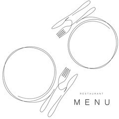 Menu restaurant background with plate and fork and knife, vector illustration - obrazy, fototapety, plakaty