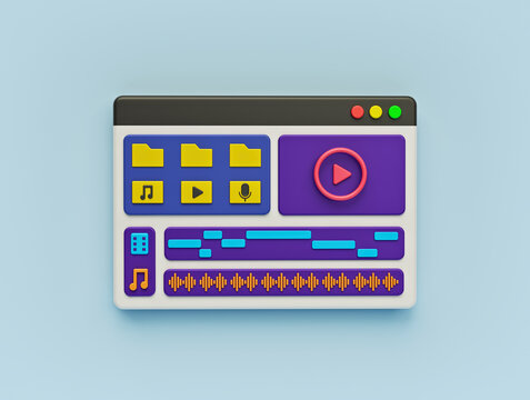 Video Editor Interface Software Application Window. Cartoon Style Minimal Design. 3d Rendering