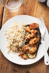 Sticky miso chicken roasted on soy aubergine 