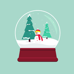 Snow globe with falling snow, snow tree and snowman inside. Illustration in flat style
