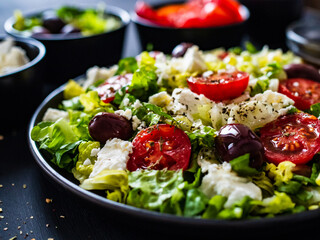 Fresh Greek salad - feta cheese, tomatoes, cucumber, lettuce, black olives and onion on wooden table