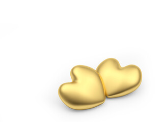 Two gold hearts isolated on a white background. 3D illustration