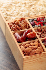 Ingredients for making muesli. Dried fruits, various nuts and seeds.