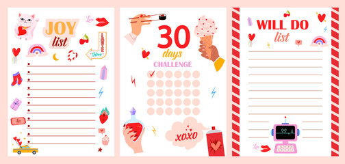 Naklejka premium Collection of Weekly or daily planner, to do list, note paper templates with cute love cartoon illustrations. School scheduler and organizer. Editable vector illustration