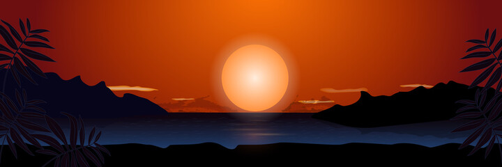Night beach, ocean shore, sea horizon with palm trees at sunset, dawn of the sun. Vector illustration
