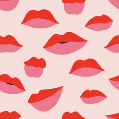 Red pink makeup woman lips shapes background Valentine's Day kiss seamless pattern Flat graphic girl mouth backdrop Romantic feminine design. Vector illustration - obrazy, fototapety, plakaty