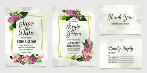 Fototapeta na wymiar foliage wedding invitation template set with watercolor floral bouquet border decoration botanic card design concept