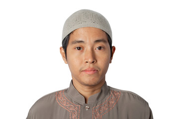 muslim man wearing kopiah hat isolated on white background. clipping path.