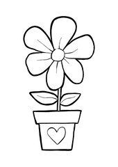 Black line a flower in pot. Hand drawn cute cartoon style. Doodle for coloring, decoration or any design. Vector illustration of kid.