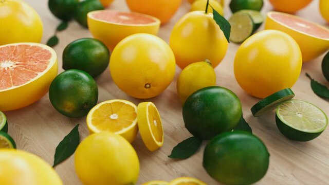 Citrus fruits on Wooden Table. Vitamins or Healthy Food Concept. Professional slow motion 3d animation.