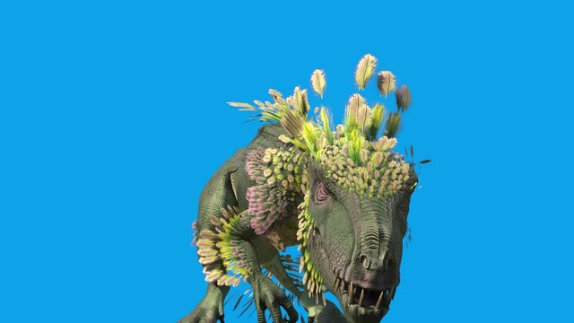 Feathered Dinosaur Trex Eat Blue Screen 3D Rendering Animation 4K