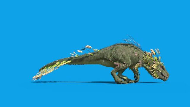 Feathered Dinosaur Trex Eat Blue Screen Side 3D Rendering Animation 4K