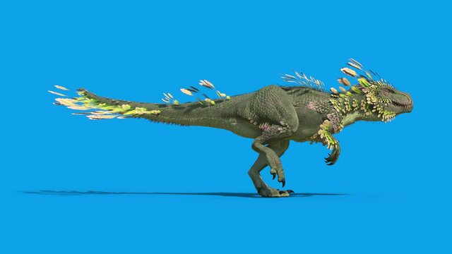 Feathered Dinosaur Trex Runcycle Loop Blue Screen Side 3D Rendering Animation 4K