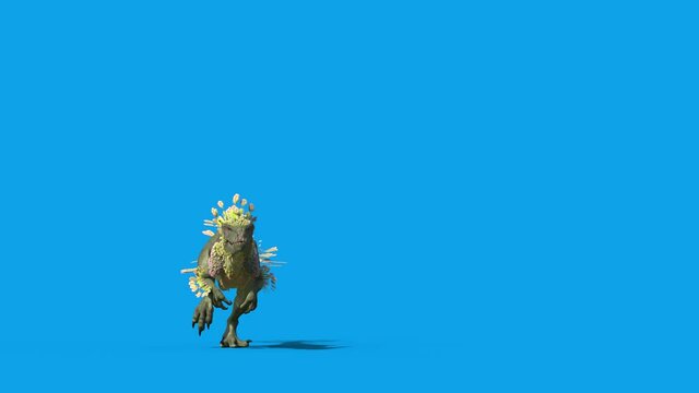 Feathered Dinosaur Trex Runs Blue Screen Front 3D Rendering Animation 4K