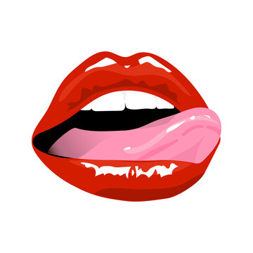 Red sexy lips poster. Open mouth and tongue. Pop art. Red sexual lips print. Card for Valentines Day. Hand drawing. Vector illustration.