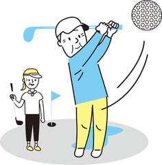 ゴルフをするシニア男女シンプルイラスト