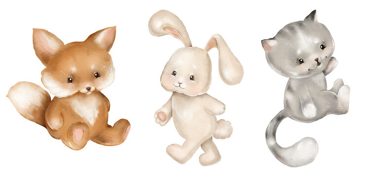 Watercolor Illustration Animal Portraits - Fox, Rabbit, Cat. Cute Kids Stuffed Toys.