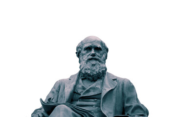 Statue of Charles Darwin isolated on a white background.  With colour toning - obrazy, fototapety, plakaty