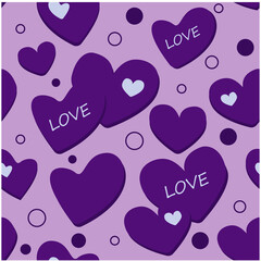 Seamless vector pattern with purple hearts and the inscription "love" on a gentle lilac background.