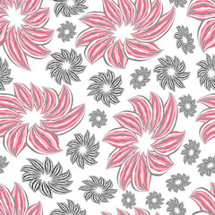 Cute blossoms with striped pink and grey petals on a white background. Vector seamless pattern. Design for cloth, card, print, wrapping.