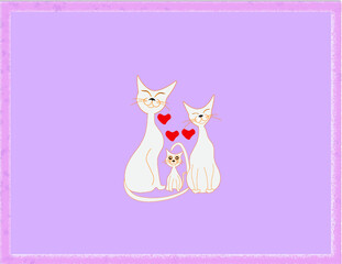 Amorevole quadretto di due gatti adulti ed un gattino simbolo di famigliola giovane ed affettuosa