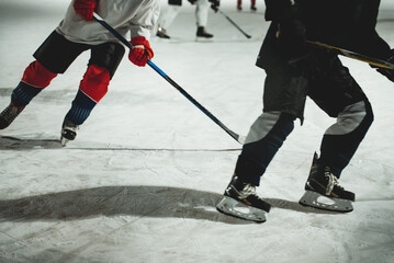 People play hockey outdoors in winter time.