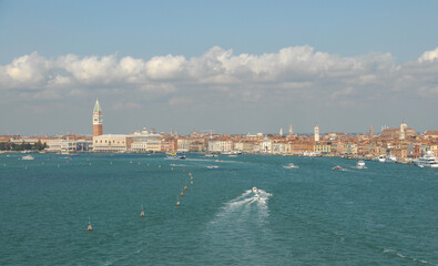 Fototapeta na wymiar Panoramic view Dodge Palace and Bell Tower (Campanile) on San Marco square Venice