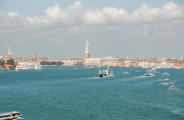 Panoramic view entrance by sea to the St Mark Canal in Venice