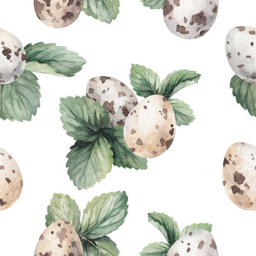 cute little quail eggs with strawberry leaves wildlife spotted egg color pattern on a white background