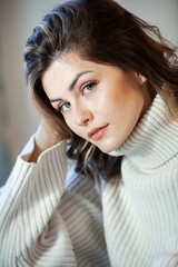 Fototapeta premium Potrait of beautiful european white woman with clear and perfect skin. Russian gorgeous photo model.