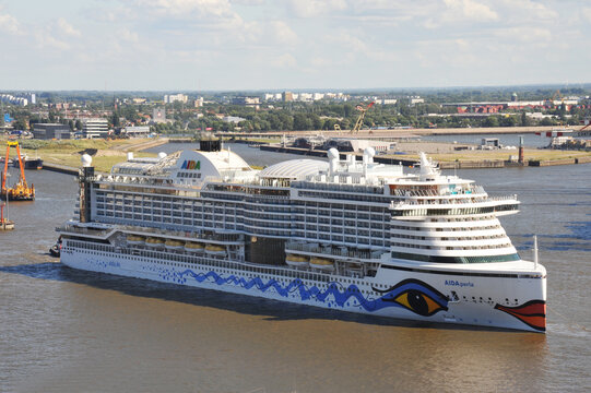 Hamburg, Germany - July 20, 2020: The cruise liner AIDA perla is leaving the Port of Hamburg, Germany