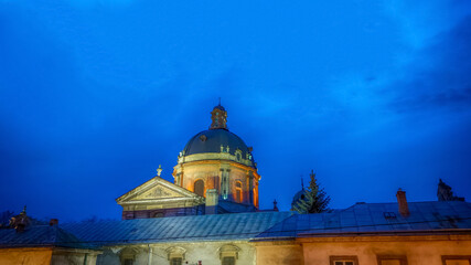 Night Lviv old city architecture in the Christmas