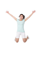 A happy Young woman in casual clothes jumping 