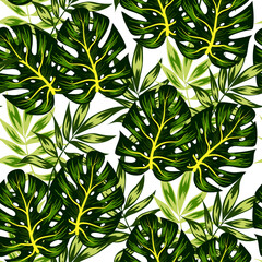 Fototapeta na wymiar Colorful seamless pattern with tropical leaves on a white background. Trendy hand drawn textures. Exotic wallpaper, Hawaiian style. Vector background for various surface.