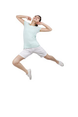 A young woman in casual dress jumped up