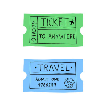 Travelling coupon and ticket to anywhere with hand lettering. Cute vector isolated illustration.