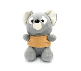 Cute gray plush toy bear closeup on white background