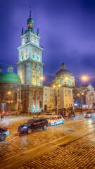 Obraz premium Night Lviv old city architecture in the Christmas