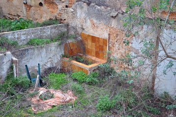 Old Brown Ceramic Tiled Sink in Overgrown Derelict Building 