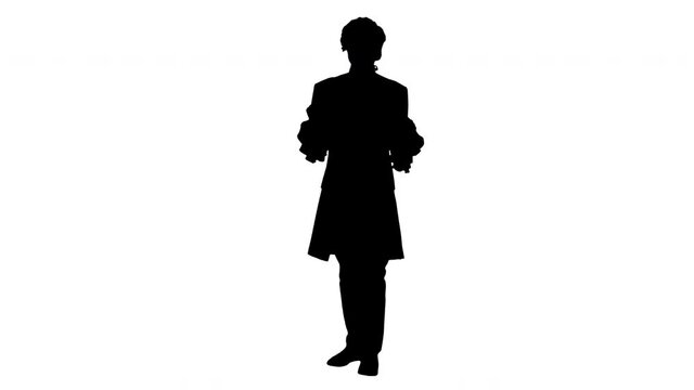 Silhouette Man dressed in courtier frock coat and white wig thinking and fidgeting with his fingers.