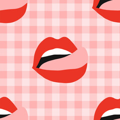 Pinup woman lips with tongue out on pink plaid shabby chic background seamless pattern Red lipstick mouth background Cowgirl sexy farm design. Vector illustration