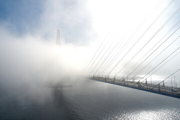 fog over sea and bridge