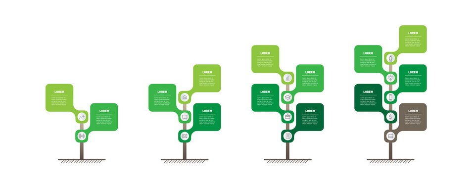 Set of Vertical infographics or timelines with 2, 3, 4 and 5 parts. Development and growth of the green technology in the world. Business presentation with five steps or processes. Info graphic.