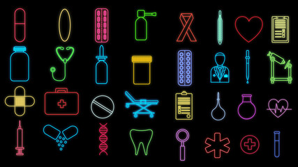 Set of bright luminous multi-colored medical neon signs for a pharmacy store or hospital scientific laboratory beautiful shiny with medicine icons objects on a black background. illustration