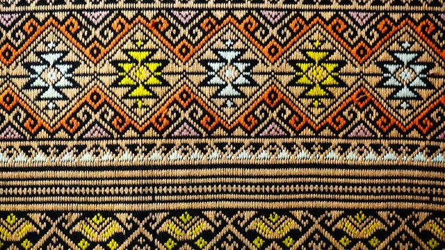 4K More than 100 years old colorful thai handcraft peruvian style rug surface old vintage torn conservation Made from natural materials Chemical free close up