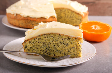 Citrus poppy seed cake, with cream topping