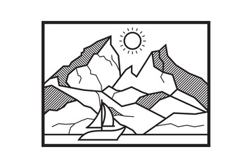 illustration of mountain with sail and sun. line style use black and white colors.